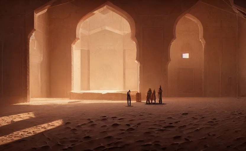 Prompt: Interior shot painting of an interior Moroccan Castle in the middle of desert with dunes by Greg Rutkowski and Craig Mullins, Dark atmospheric sad and cinematic lighting, Trending on artstation