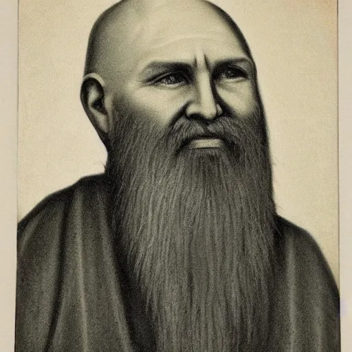 Image similar to charcoal portrait of an early 20th century russian orthodox priest, bald, bierdless, no eyebrows