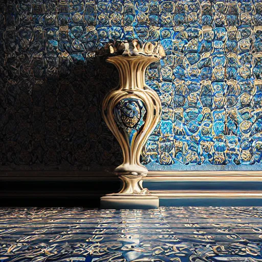 Image similar to an ornate baroque vase breaking on the marble tile floor, exploding into dust, dark - blue light - blue gold silver white black beige, volumetric dust rays, intricate detail, ultra realistic, cinematic lighting, moody, wet, shiny,