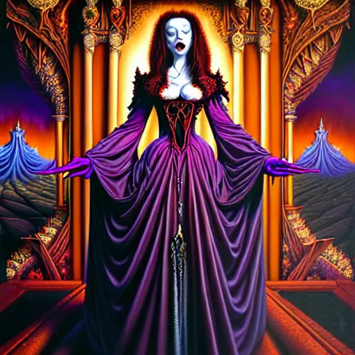 Image similar to beautiful oil painting, full length vampire in baroque coronation robes 1 7 0 1, dan mumford, dan mumford, alex grey, hyacinthe rigaurd, highly detailed, lsd visuals, dmt fractal patterns, visionary art, psychedelic art, ornate, vaporwave, baroque, greg rutkowski