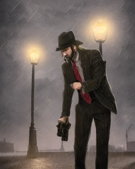 Image similar to a mysterious rugged man in a pinstripe suit holding a pistol in one hand. Pinstripe suit. Raining, street lamps, stormy, atmospheric lighting, mysterious, gloomy. By Makoto Shinkai, Stanley Artgerm Lau, WLOP, Rossdraws, James Jean, Andrei Riabovitchev, Marc Simonetti, krenz cushart, Sakimichan, D&D trending on ArtStation, digital art.