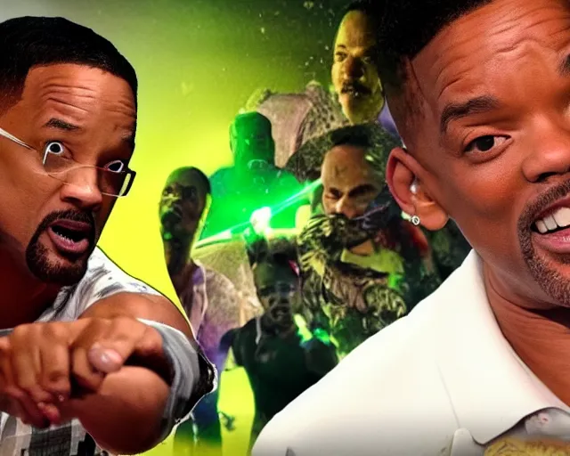 Image similar to will smith fighting with chris rock at toxic waste lake deathbattle 4k