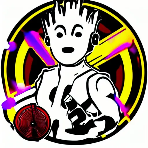 Image similar to svg sticker of a Pop-Wonder Groot-Marvel-Avenger at a rave, spinning records, giant headphones rocking out, wearing headphones, huge speakers, dancing, rave, DJ, spinning records, digital art, amazing composition, rule-of-thirds, award-winning, trending on artstation, featured on deviantart