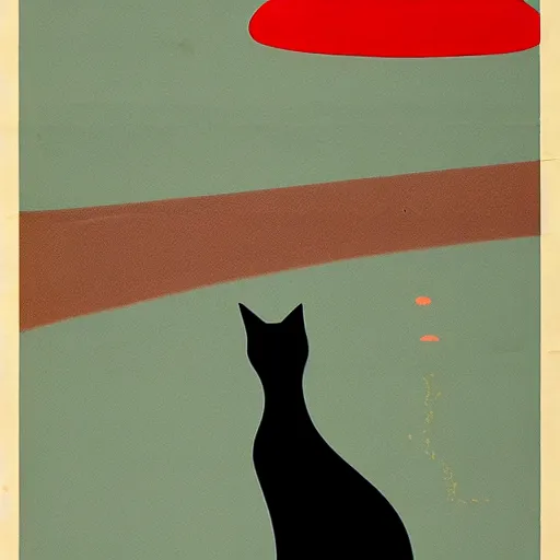 Prompt: A bauhaus poster of a cat watching a mushroom cloud in the distance