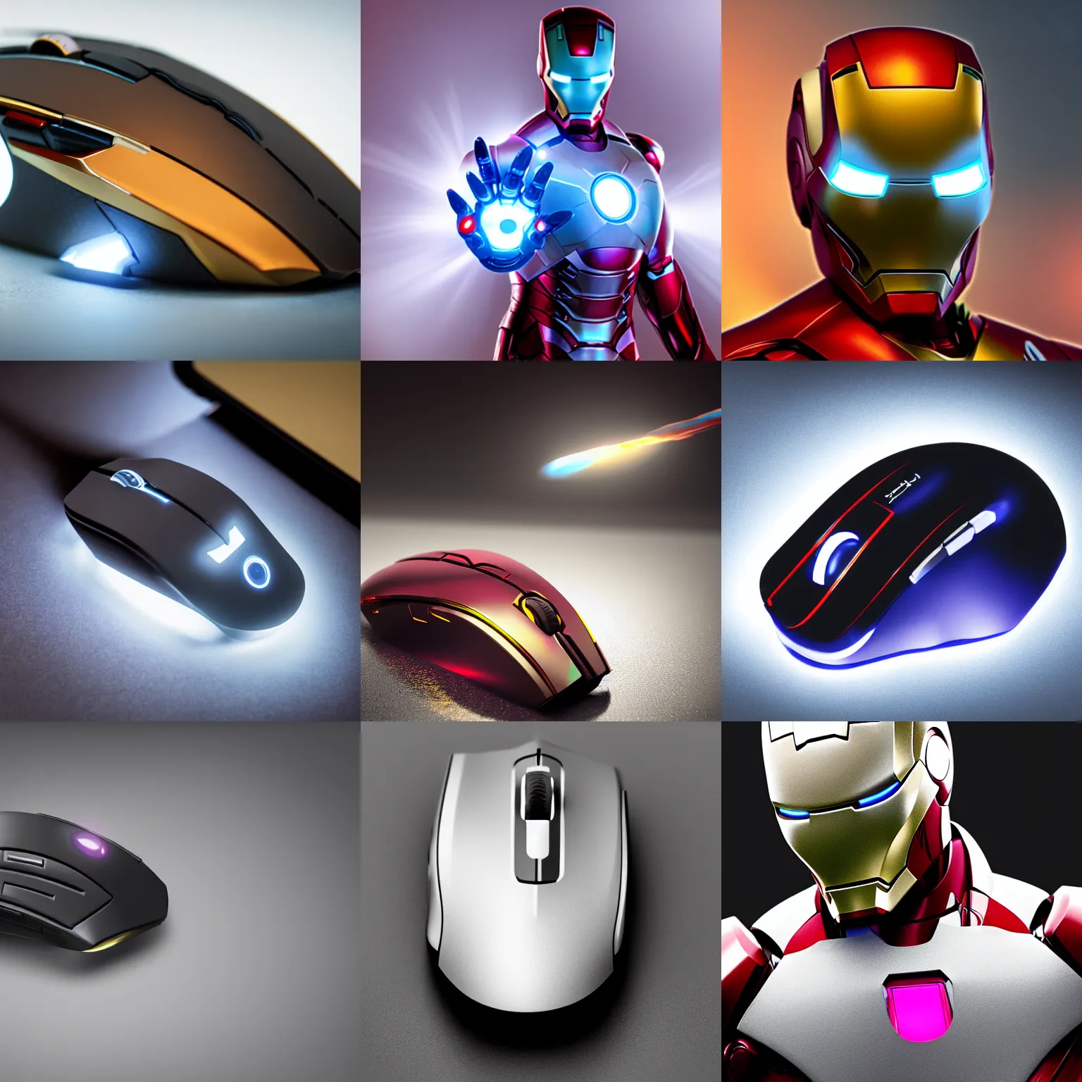 Prompt: product photo of a concept wireless mouse, iron man-like, close-up,focus, photorealism, epic lighting, hd