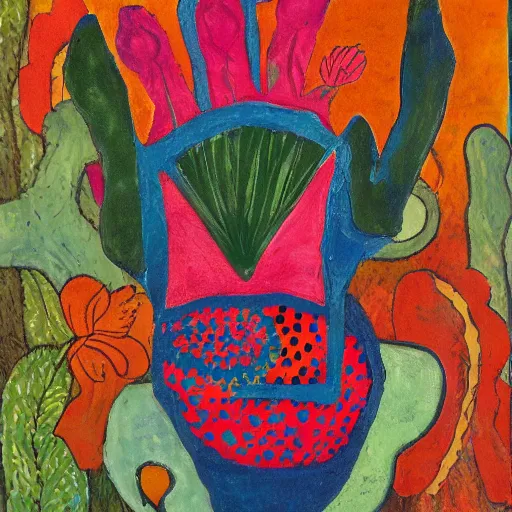 Prompt: a garden of hands outsider art tempera painting on vase