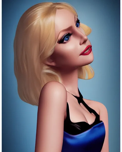 Image similar to beautiful cute blonde - haired blue - eyed female wearing elegant silk dress and high - heels, lipstick, award winning full - length photography, extremely detailed, artstation, 8 k, sensual lighting, incredible art, wlop, pixar, disney, artgerm, backlit, rim lighting, hi - fructose