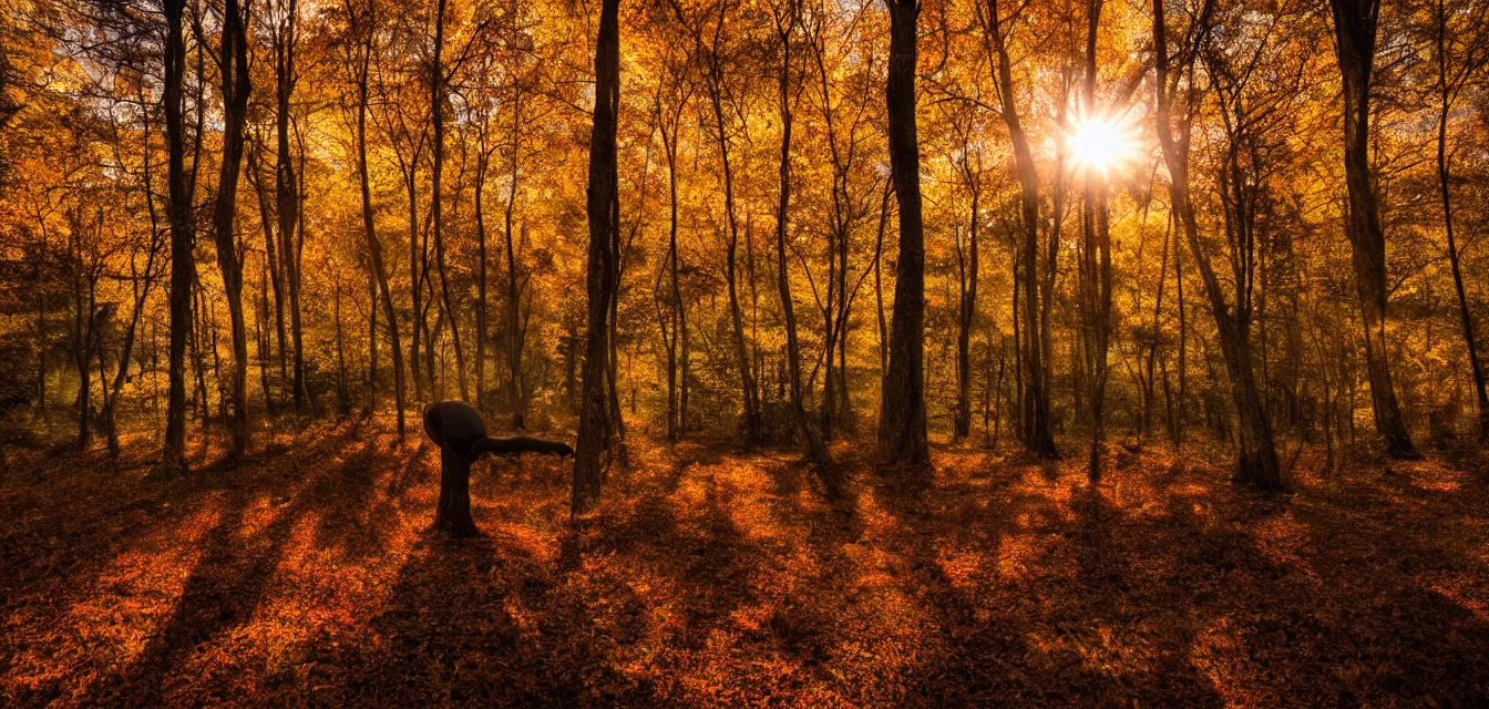 Image similar to bodyscapes. intense promiseful happiness, autumn sunrise warm hdri forest light