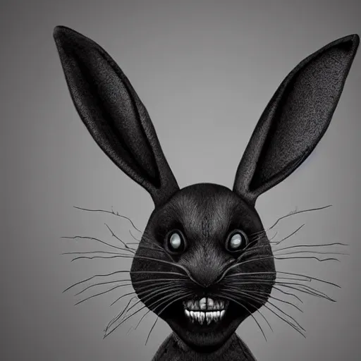 Image similar to A extremely highly detailed majestic hi-res beautiful, highly detailed head and shoulders portrait of a scary terrifying, horrifying, creepy black cartoon rabbit with scary big eyes, earing a shirt laughing, hey buddy, let's be friends, in the style of Walt Disney