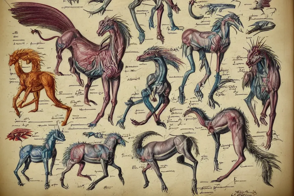 Prompt: Vintage, detailed, colored sketch of mythical creature anatomy, full body, with full descriptions, on parchment.