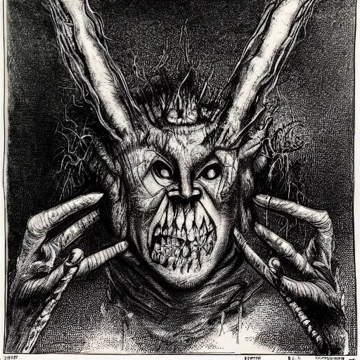 Image similar to lemure demon detailed micron drawing illustrated by stephen gammell, maurice sendak, graham ingels