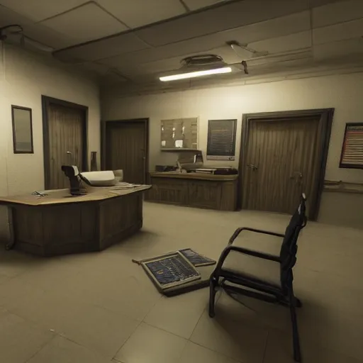 Prompt: police station offices, realistic, highly detailed, hd, unreal engine, background of resident evil game, guillermo del toro
