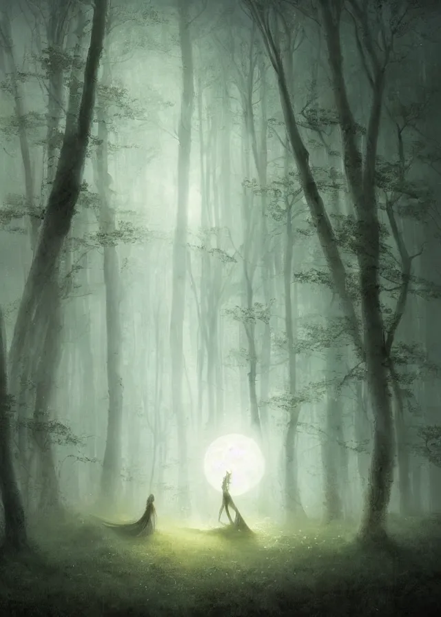 Image similar to dance of the fae by aleksi briclot, greg rutkowski and ivan aivazovsky, dancers in white lit only by the moon, forest meadow at night, moon beams, contemporary dance, volumetric, atmospheric, watercolor, surrealist, artstation, artgerm