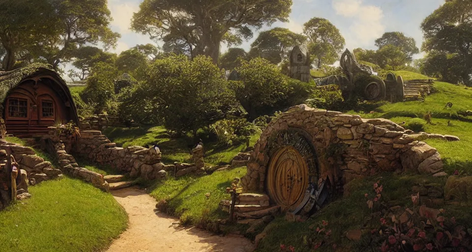 Image similar to the shire, hobbiton, intricate, wide angle, elegant, highly detailed, john park, frazetta, john howe, ruan jia, jeffrey catherine jones