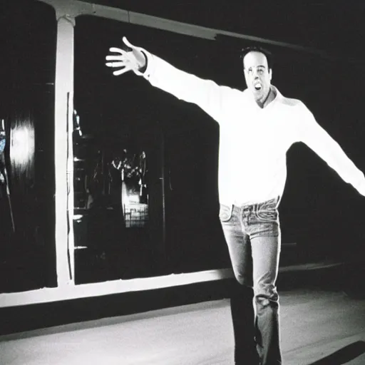 Prompt: Jerry Seinfeld voguing on a runway in a nightclub, 35mm film, 80s photo