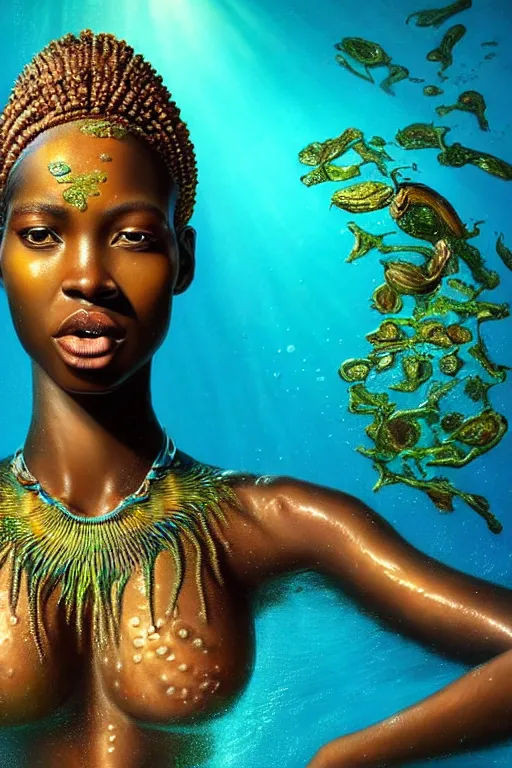 Prompt: hyperrealistic full body! very expressive! translucent!! african goddess, cinematic underwater scene with fish and algae, gold jewerly, highly detailed face, digital art masterpiece, smooth eric zener cam de leon, dramatic pearlescent turquoise light on one side, low angle uhd 8 k, shallow depth of field