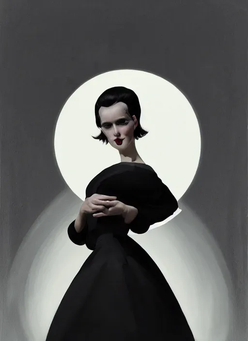 Prompt: portrait of a round faced woman with a crooked nose and a confident expression, 1 9 6 0 s, black clothes, goth, punk, funk, intricate, elegant, highly detailed, digital painting, artstation, concept art, smooth, sharp focus, illustration, art by wlop, mars ravelo and greg rutkowski