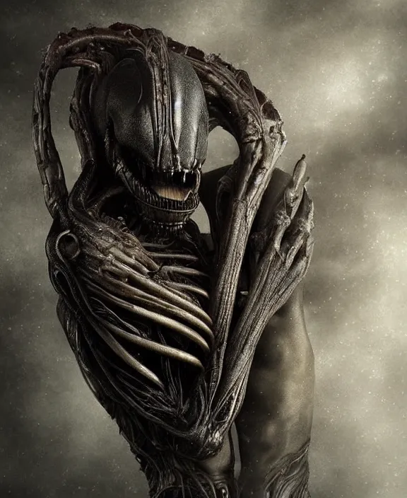 Image similar to xenomorph hugging pale sad beauty merging, dark mist colors, giger background liminal void, digital art, cinematic lighting, realistic, award winning photograph, various refining methods, micro macro autofocus