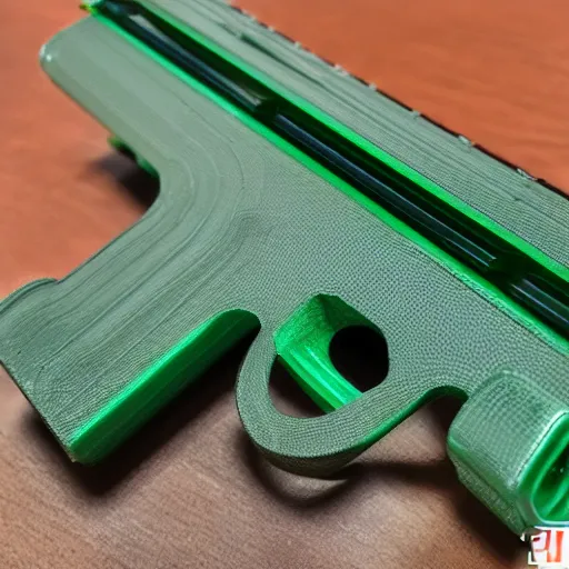 Image similar to a 3 d printed rail gun prototype, printed in green filament that is slightly transparent, with visible layer lines and printing errors. 4 k, hdr, photo taken on an iphone 1 2.