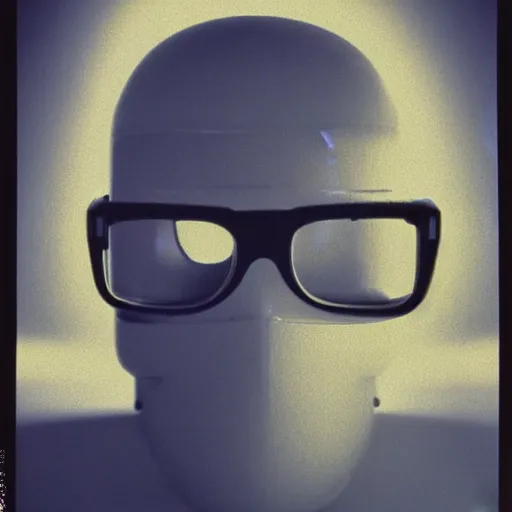 Prompt: cyber - polaroid of a featureless male robotic face with glasses, soft emotion, cybernetic, ethereal curtain, starburst, chrome vortex, vibrant scattered light, reflective glass, lcd screen, 1 9 6 0 s, computer - generated, dreamy