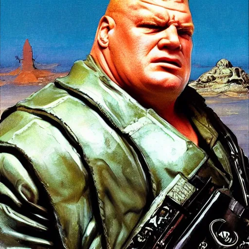 Prompt: head and shoulders portrait of brock lesnar as baron harkonnen from dune 1982 movie, background dystopian scifi palace, painted by norman rockwell and tom lovell and frank schoonover