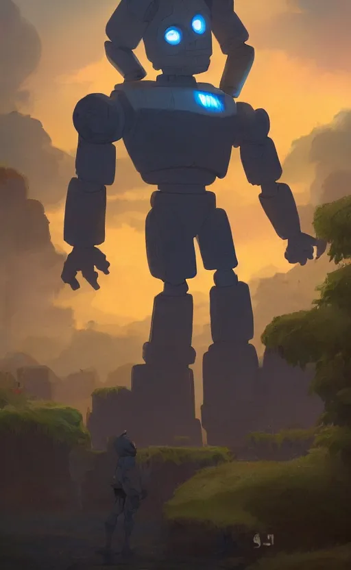 Image similar to iron giant standing near his farm, dynamic lighting, photorealistic fantasy concept art, trending on art station, stunning visuals, creative, cinematic, ultra detailed