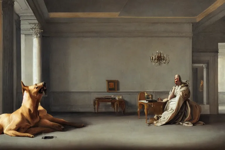 Prompt: long view, one giant dog looks at lilliputian in empty room, in style of classicism