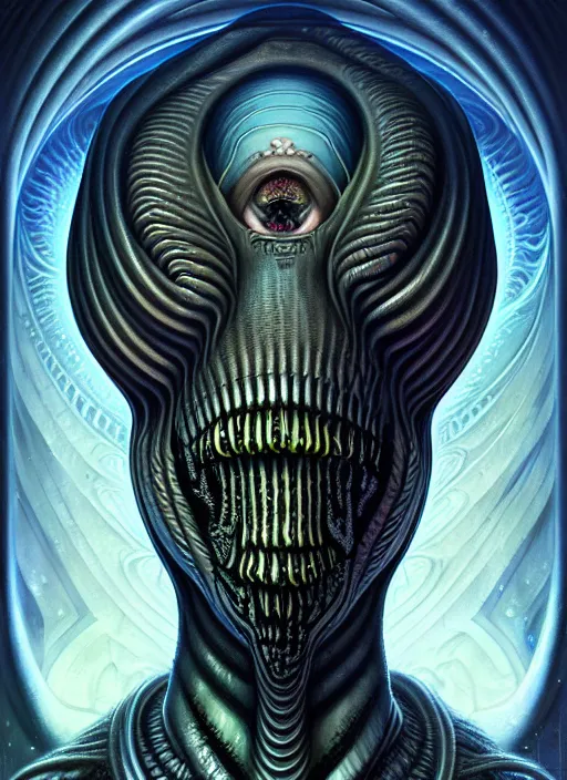 Image similar to cosmic lovecraft giger fractal random mith creature portrait, pixar style, by tristan eaton stanley artgerm and tom bagshaw.