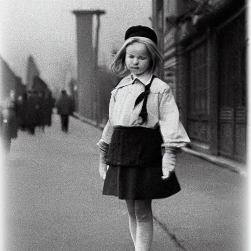 Image similar to photo of cute soviet schoolgirl, holding bagels on a rope, street of moscow, shallow depth of field, cinematic, 8 0 mm, f 1. 8