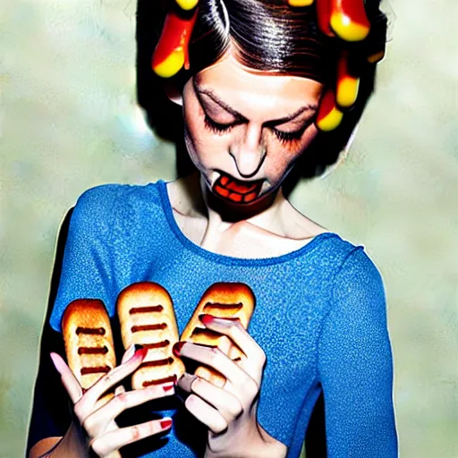 Image similar to a fashion model curls her hair using hot dogs. surreal photograph, toiletpaper magazine, 3 5 mm photograph, by pierpaolo ferrari, maurizio cattelan