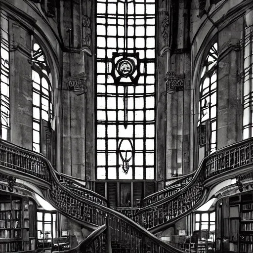 Prompt: arcane library with spiral staircases very detailed late evening stained glass windows, moody dark musty old, Samuel Schultz