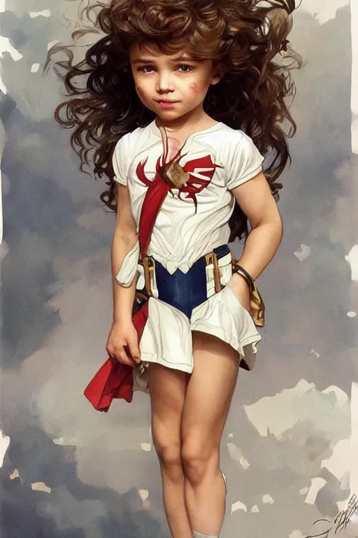 Image similar to a little girl with a mischievous face and short!! light brown curly wavy hair. she is dressed as captain america, spider - man, batman, captain marvel, a superhero. clean elegant painting, beautiful detailed face. by artgerm and greg rutkowski and alphonse mucha