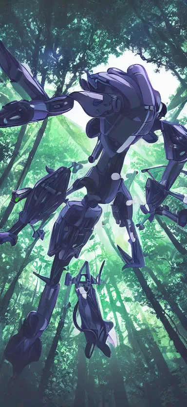 Prompt: close up pilot, looking up at giant humanoid plant mech, coming through treetops, forest, key art, sharp lines, towering above a small person, aesthetic, anime, trigger, shigeto koyama, hiroyuki imaishi