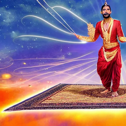 Image similar to bad photoshop of an indian man on a flying carpet singing alladin