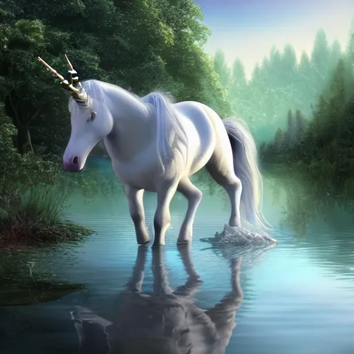 Image similar to a white unicorn drinking from a lake. the moon shines in the background forest on the unicorn. beautiful artstation, 4 k, hdr.