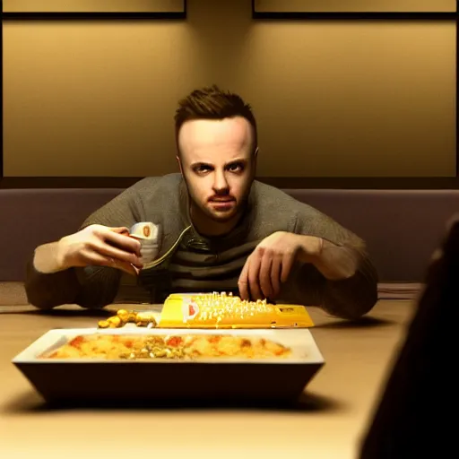 Image similar to Jesse Pinkman from Breaking Bad eating at McDonald's, photorealism, cinematic lighting,