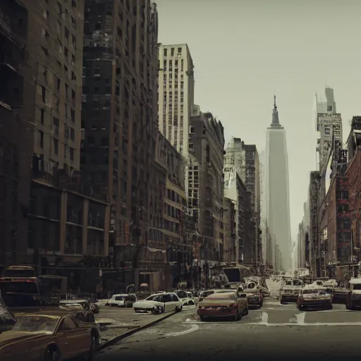 Prompt: post - apocalyptic new york city, cinematic, wide shot, movie screenshot