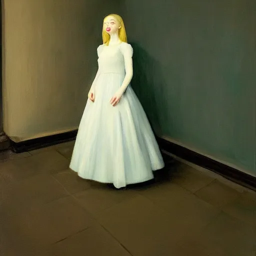 Prompt: Painting of Elle Fanning in the painted world of dark souls, by Edward Hopper. 8K. Extremely detailed.