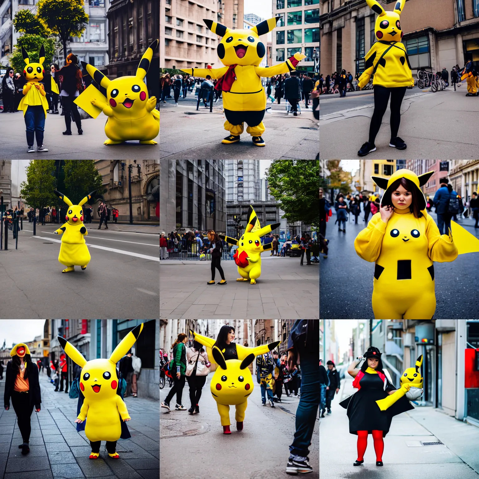 Prompt: woman in a pikachu cosplay, street photography