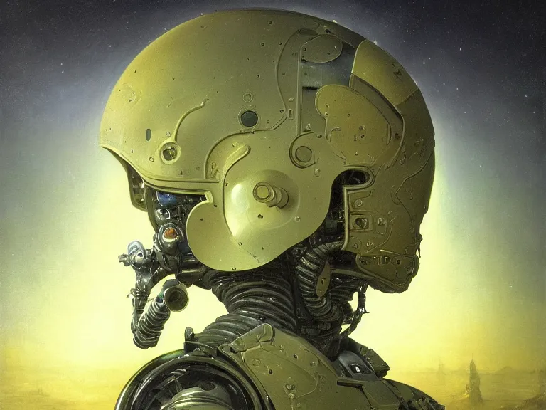 Image similar to a detailed profile oil painting of a humanoid with reflective visor, flight suit, portrait symmetrical and science fiction dieselpunk theme with aurora lighting by beksinski carl spitzweg and tuomas korpi. baroque elements, full-length view. baroque element. intricate artwork by caravaggio. Trending on artstation. 8k