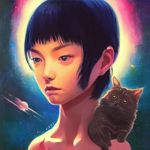 Image similar to A space realistic cat with big and cute eyes, fine-face, realistic shaded perfect face, fine details. realistic shaded lighting poster by Ilya Kuvshinov katsuhiro otomo ghost-in-the-shell, magali villeneuve, artgerm, Jeremy Lipkin and Michael Garmash, Rob Rey and Kentarõ Miura style, trending on art station