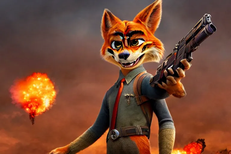 Image similar to nick wilde ( from zootopia ), heavily armed and armored facing down armageddon in a dark and gritty reboot from the makers of mad max : fury road