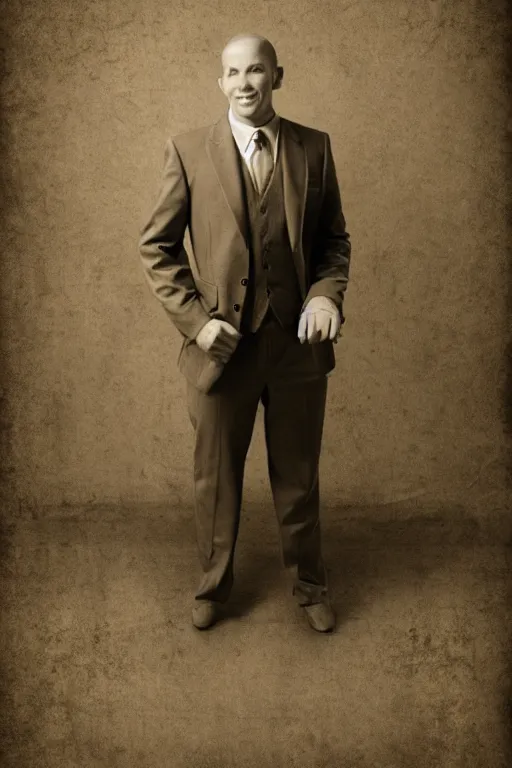 Image similar to octopus headed man, vintage full body portrait of an octopus headed man in a suit, sepia