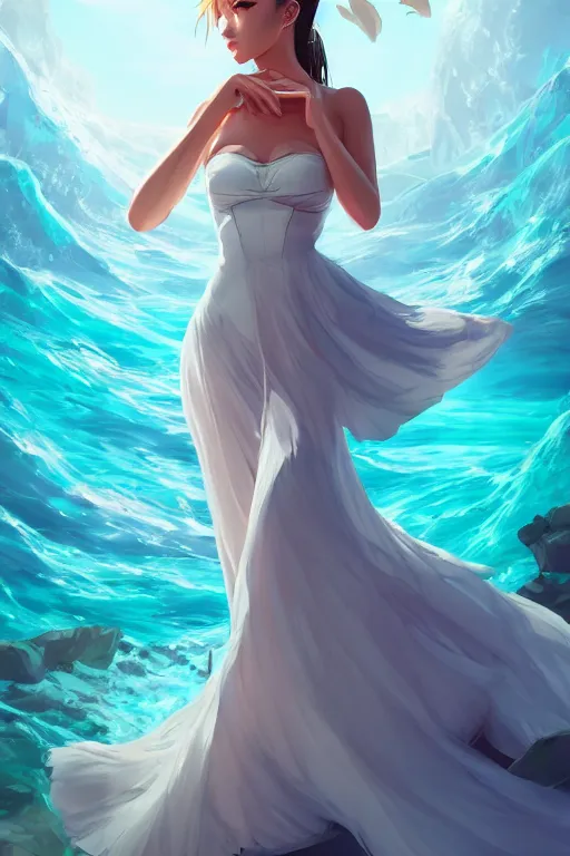 Image similar to a beautiful fashion goddness of love, chic strapless dress, tropical sea background, character design, in the style of artgerm, and wlop, cinematic lighting, hyperdetailed, 8 k realistic, symmetrical, global illumination, radiant light, frostbite 3 engine, cryengine, dof, trending on artstation, digital art