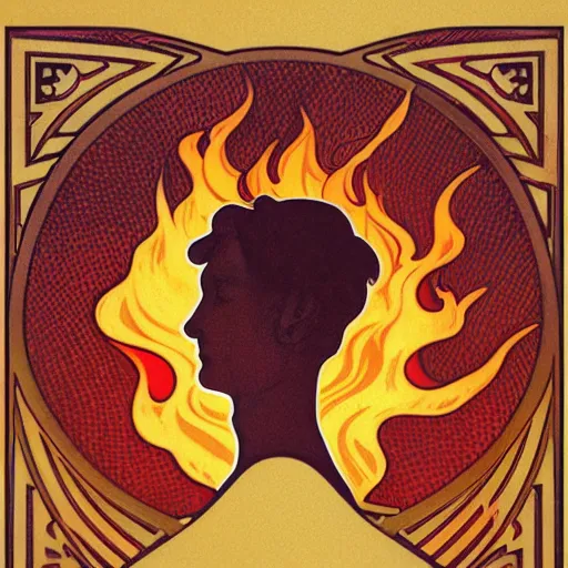 Prompt: minimalistic fire flames warning label art by alphonse mucha, smooth curves, behance