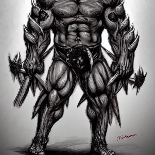 Prompt: intimidating cottagecore satanic demon warrior, muscular, dangerous, concept art, concept charakter