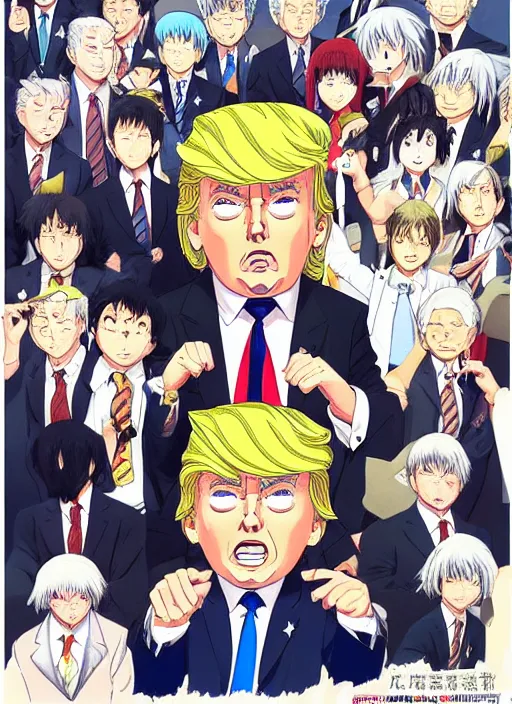 Image similar to donal trump manga, color, best scene, studio ghibli, chibi style, by katsuhiro otomo and hiroya oku and makoto yukimura