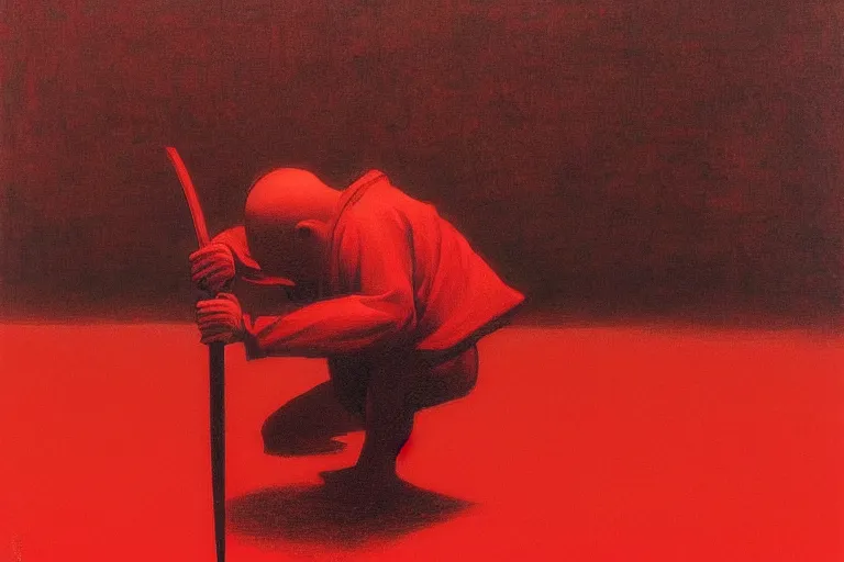 Image similar to only with red, a red samurai do seppuku, tokio, a lot of frogs watch, in the style of beksinski, parts by edward hopper, parts by rodcenko, parts by yue minjun, intricate and epic composition, red by caravaggio, insanely quality, highly detailed, masterpiece, red light, artstation, 4 k