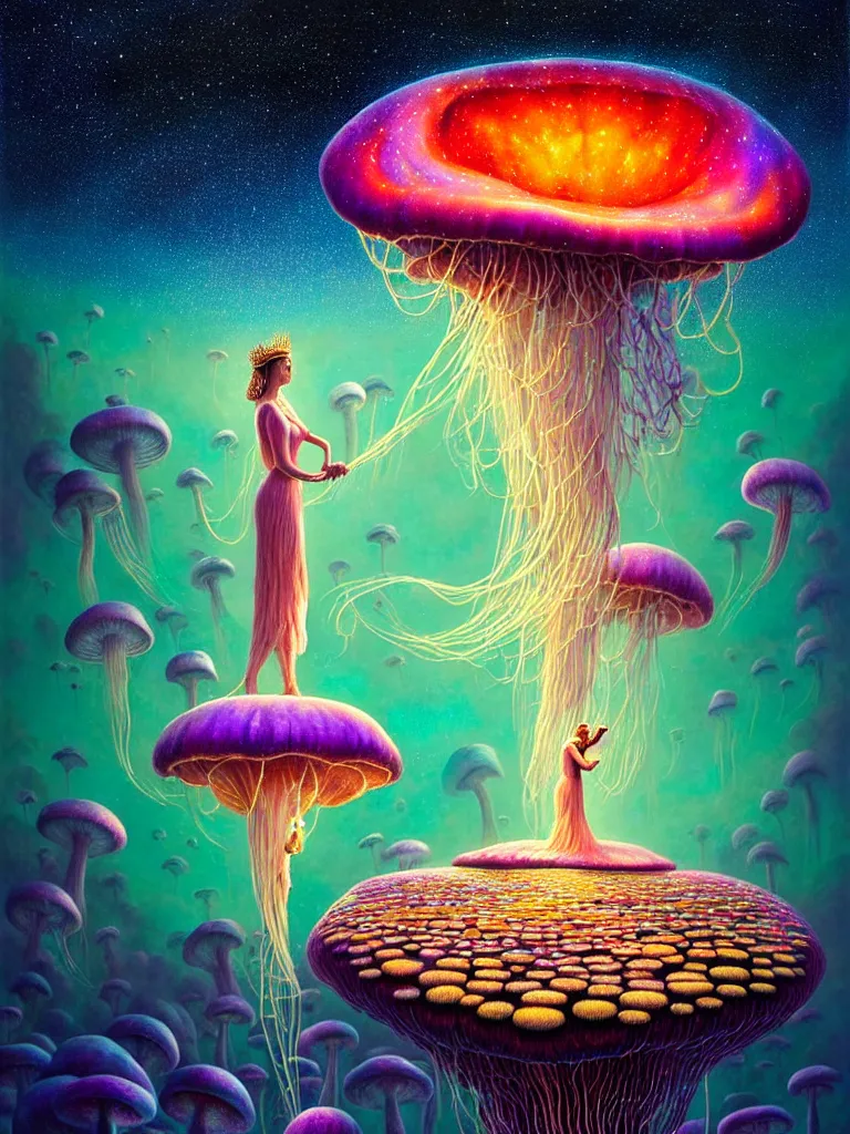 Prompt: portrait of queen of dreams, extremely beautiful, floating among many nebula stars with lots of gigantic mushrooms and jellyfish, symmetrical composition, by gediminas pranckevicius, jacek yerka, rob gonsalves, peter gric, digital painting, octane rendered, crepuscular rays, neon cyberpunk colors vibrant colors, trending on artstation