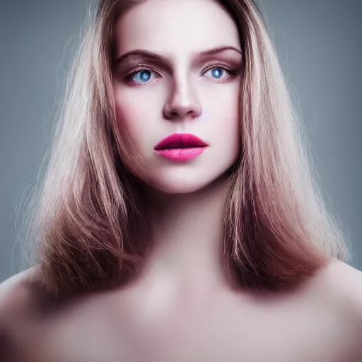 Prompt: woman with porcelain skin, pale eyes, pale pink lips. portrait, high - key, 4 k, photography,